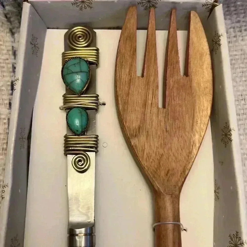 Tiramisu Turquoise Bead Embellished Wood Salad Server Set NIB